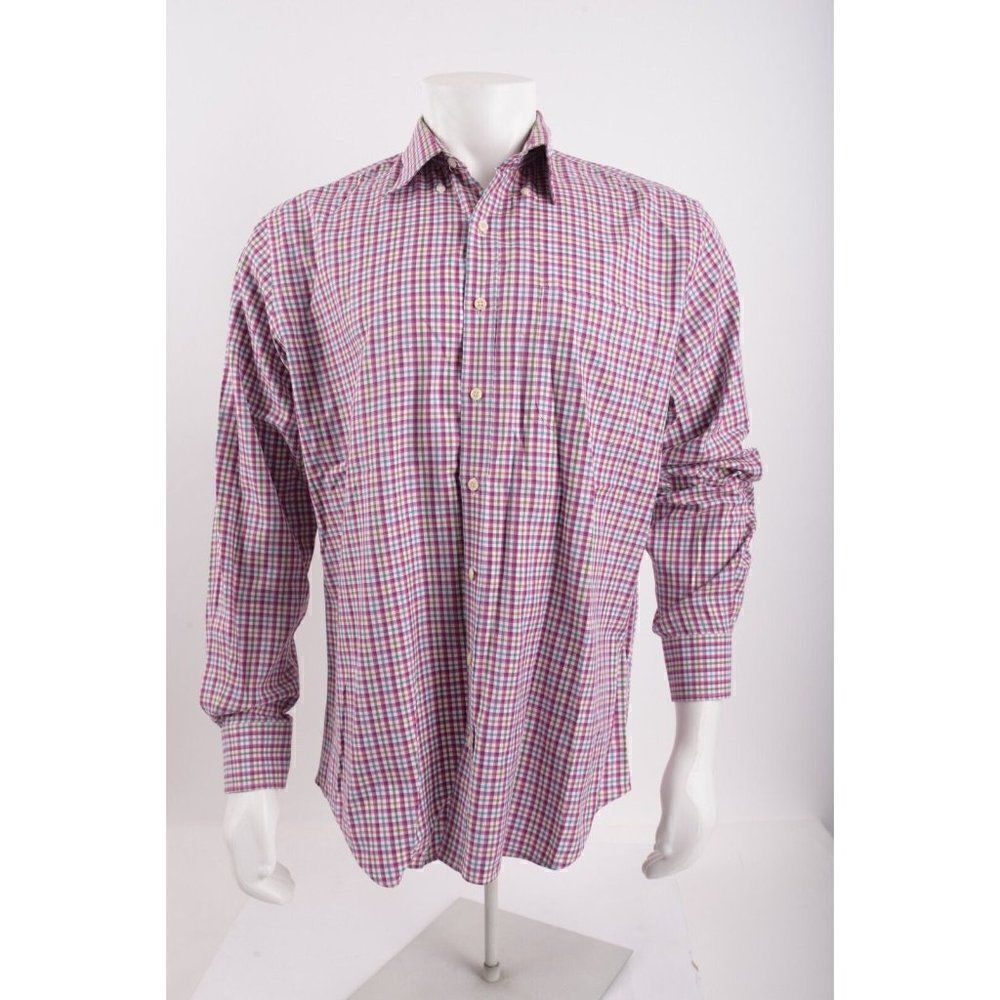 Peter Millar Mens Dress Shirt Sz L MultiColor Plaid Pink Long Sleeve Button Up